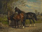 unknow artist Two Horses at a Wayside Trough oil painting reproduction